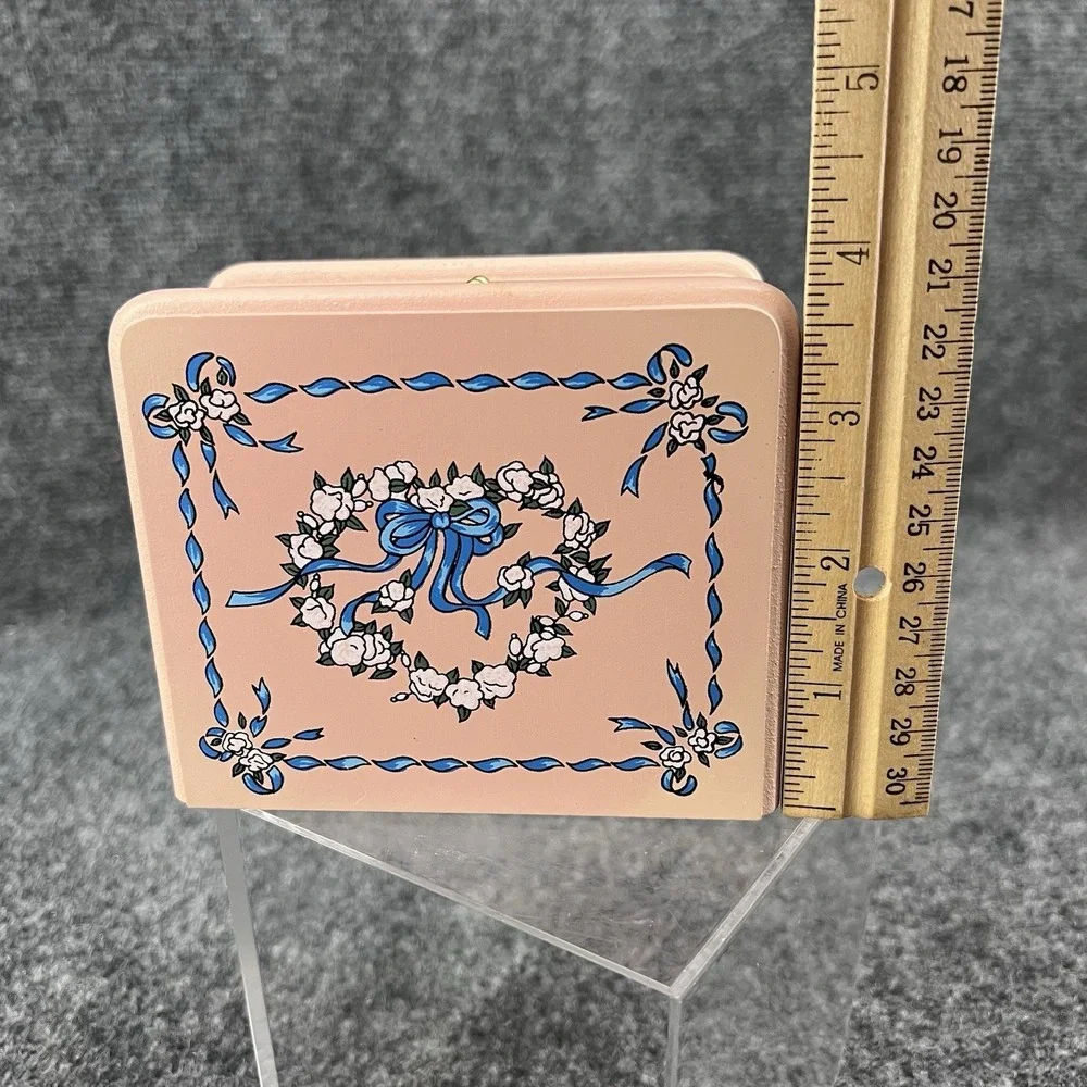 Vtg Set of 6 Pink Wood & Cork Square Coasters & Floral Blue Ribbon Storage Box